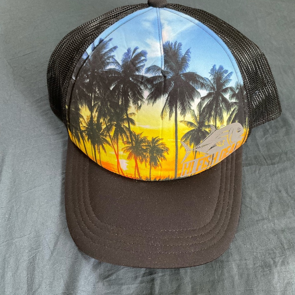 Trucker hat with palm tree and reflective giant tree ally